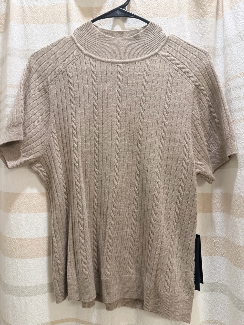 Tahari Beige Cable-Knit Crewneck Sweater
